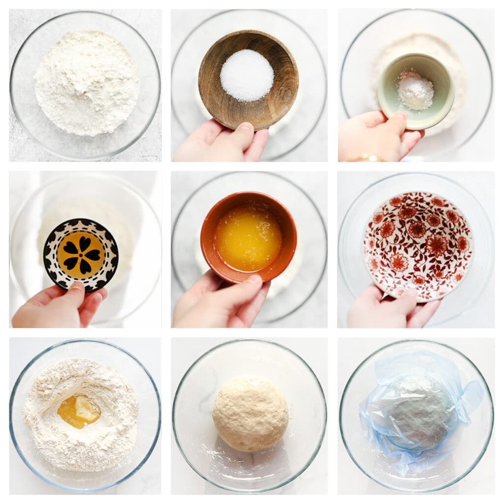 Meng de bloem, het bakpoeder en het zout in een kom. Voeg de honing, roomboter en het lauwwarme water toe. Kneed 10-12 minuten tot een samenhangend deeg. Dek af en laat 30 minuten rusten.