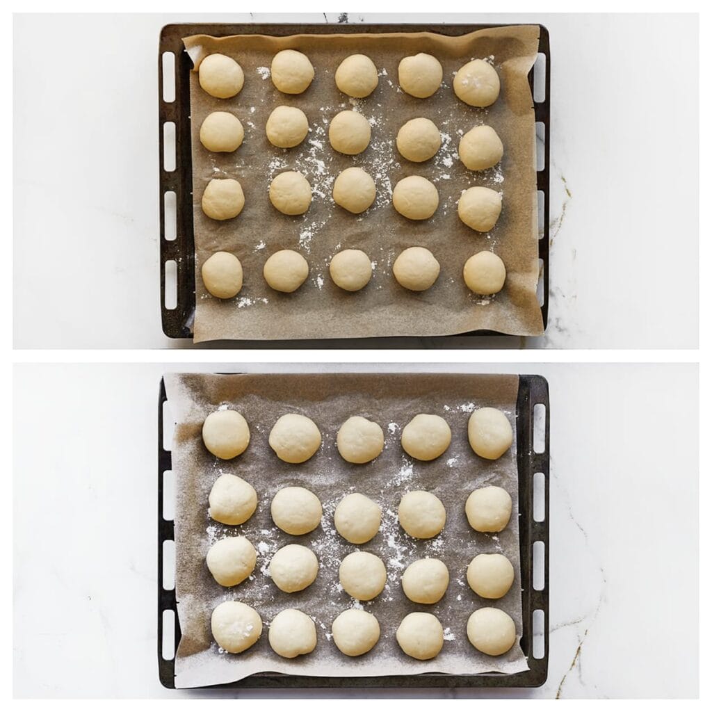 Leg het deeg op een met bakpapier beklede bakplaat en laat ze 30 minuten rijzen, of tot ze in omvang zijn verdubbeld.
