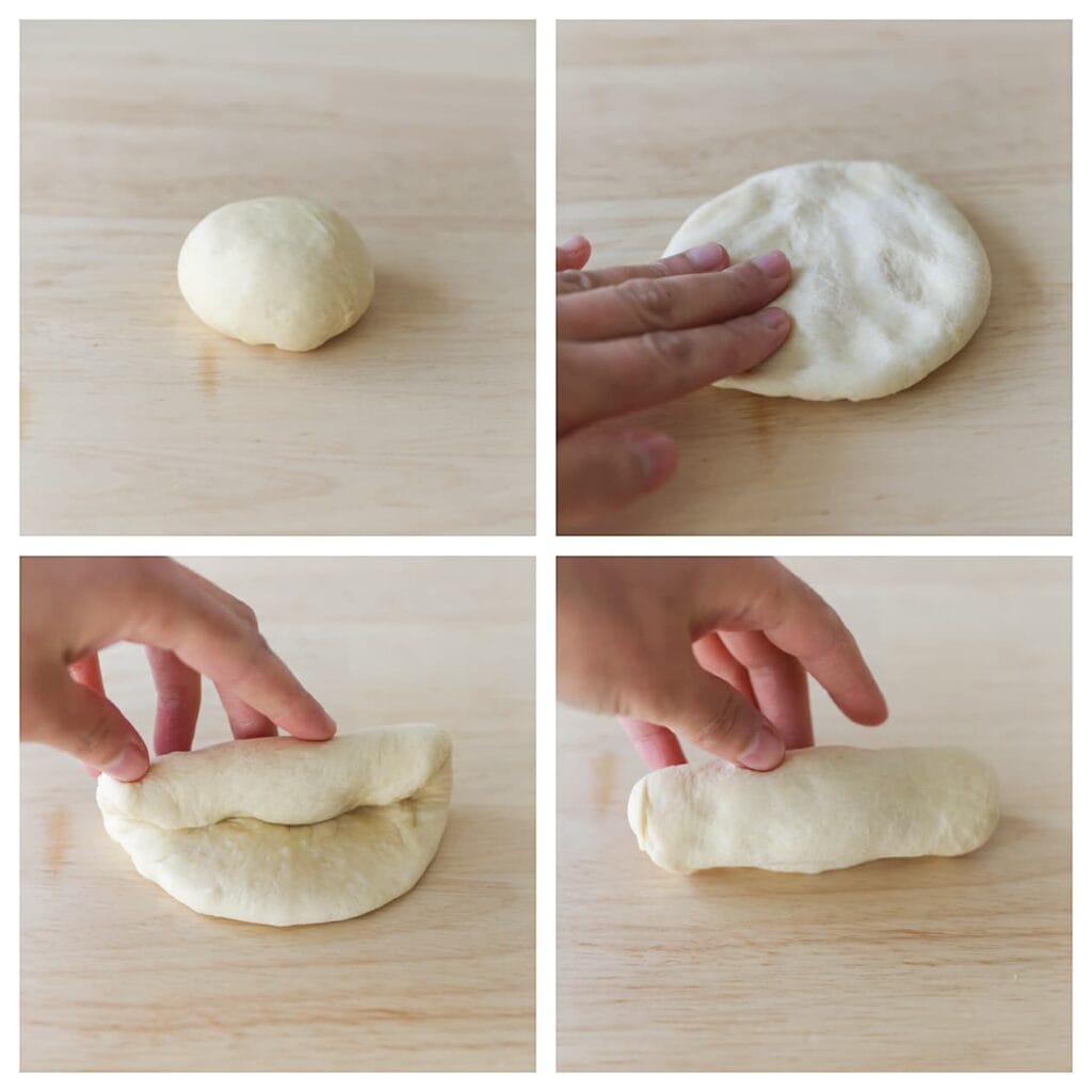 Neem een bol en druk deze plat tot een cirkel. Rol het deeg op tot een staaf.