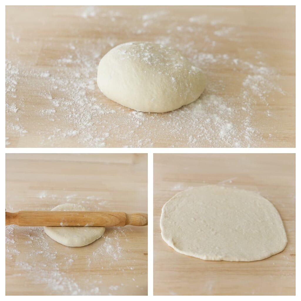 Bestuif het werkblad met bloem en rol beide bollen uit tot cirkels.