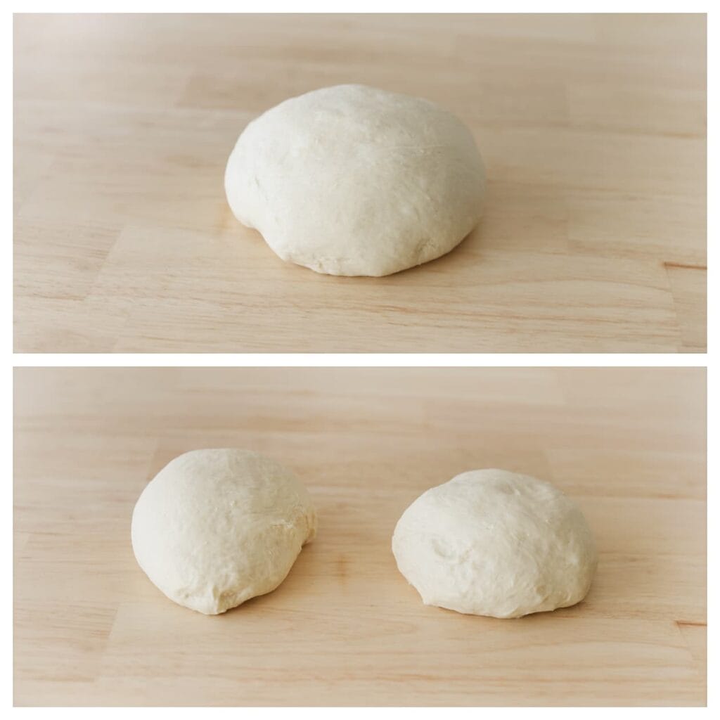 Druk de lucht uit het gerezen deeg en verdeel het in 2 gelijke stukken. Vorm tot bollen.