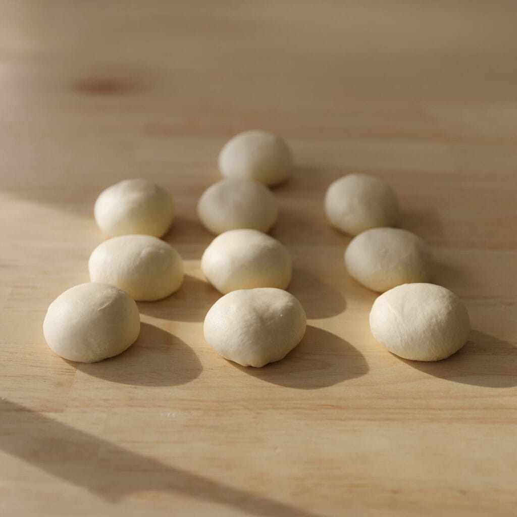 Verdeel het deeg in 10 gelijke stukken van ongeveer 95 gram. Vorm tot bollen.