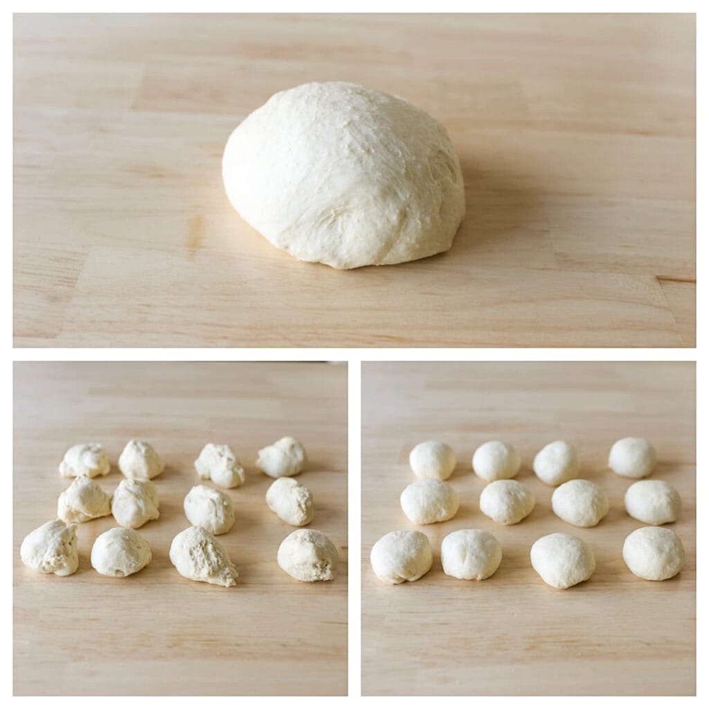 Druk de lucht uit het deeg en verdeel het in 12 gelijke stukken van ongeveer 45 gram. Vorm tot bollen.