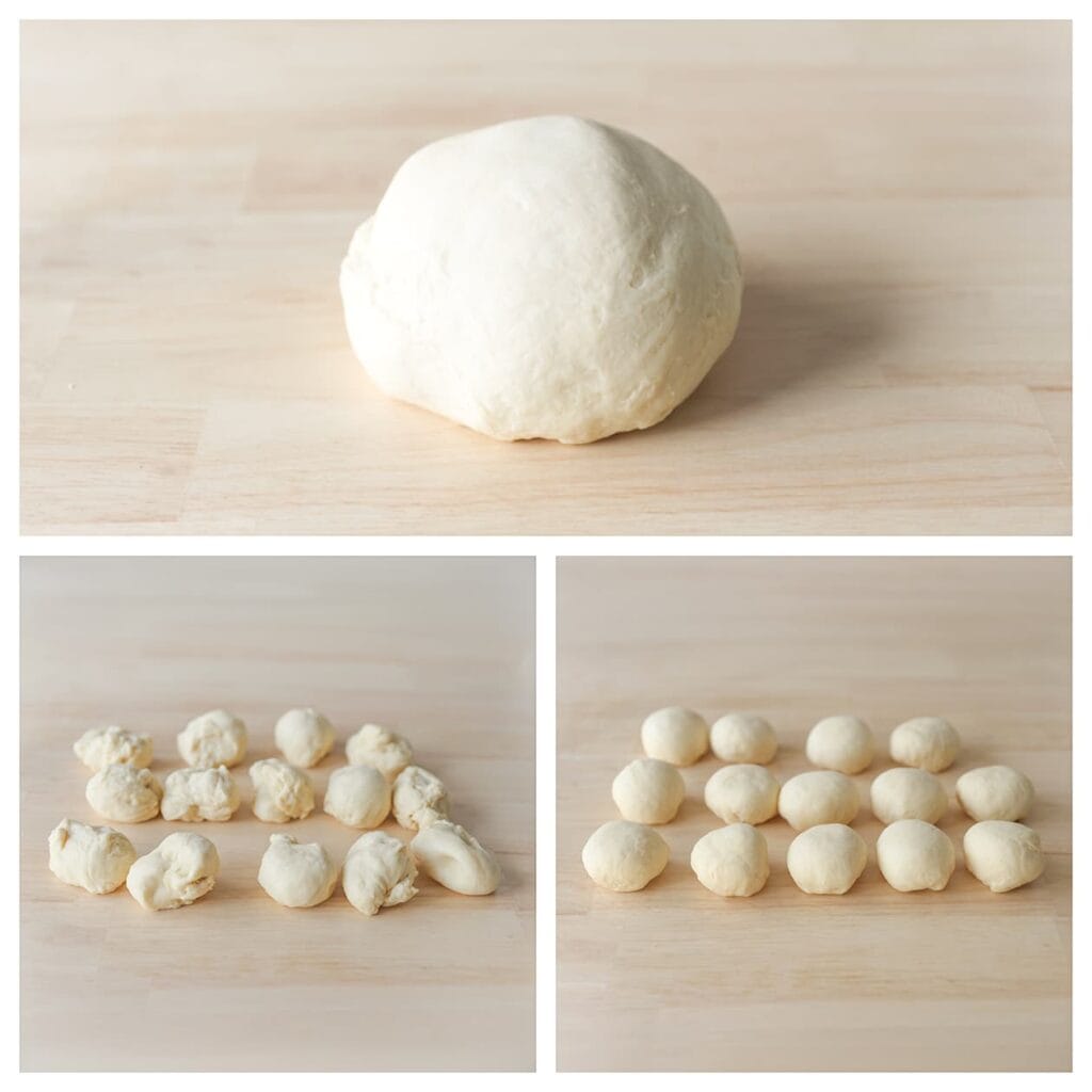 Druk de lucht uit het deeg en verdeel het in 14 gelijke stukken van ongeveer 50 gram.