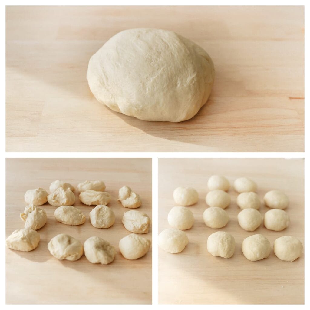 Druk de lucht uit het gerezen deeg en verdeel het in 14 porties van ongeveer 50 gram. Vorm elke portie tot een bol.