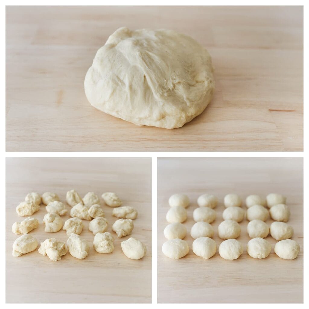 Druk de lucht uit het deeg en verdeel het in 20 gelijke stukken van ongeveer 35 gram. Vorm tot bollen.