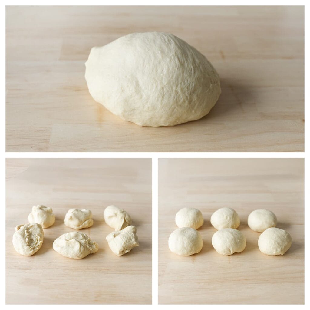 Druk de lucht uit het deeg en verdeel het in 6 gelijke stukken van ongeveer 125 gr. Vorm tot bollen.