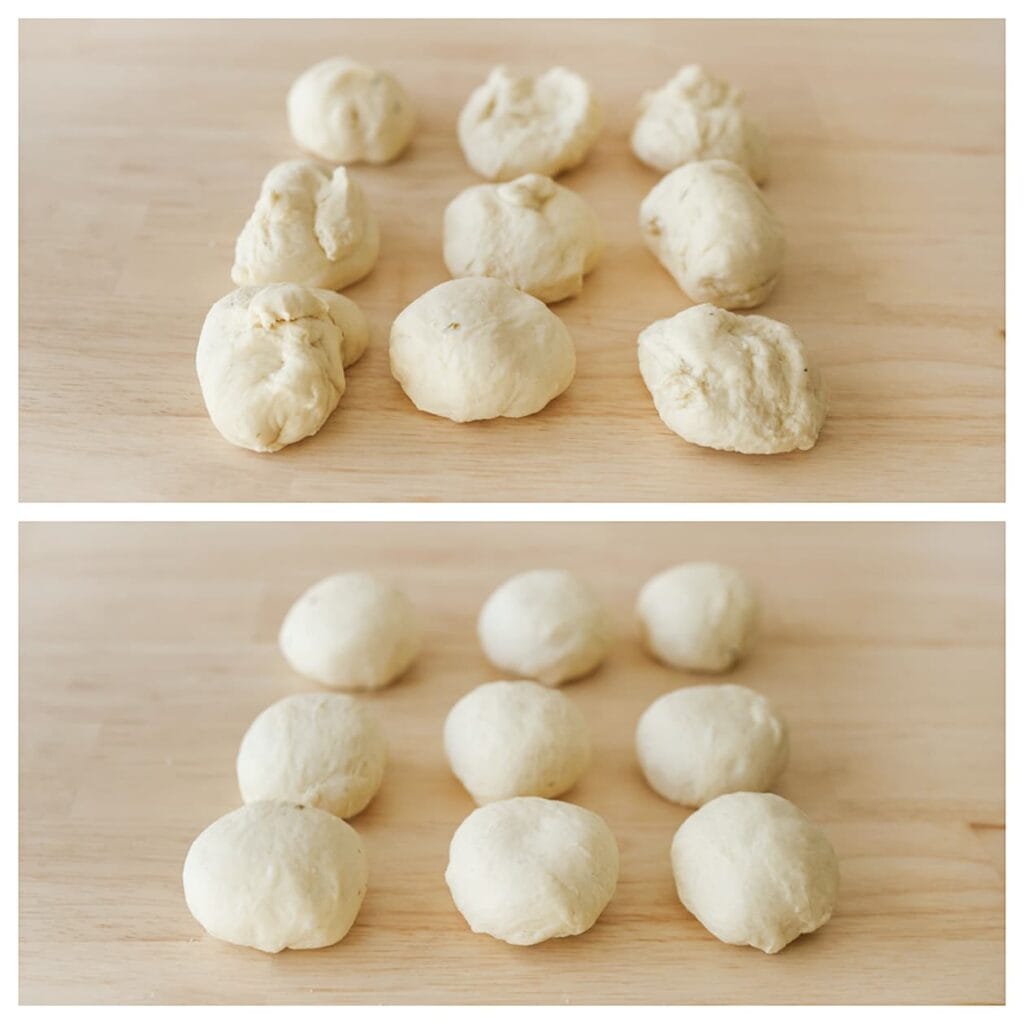 Druk de lucht uit het gerezen deeg en verdeel het in 9 gelijke stukken. Vorm tot bollen.