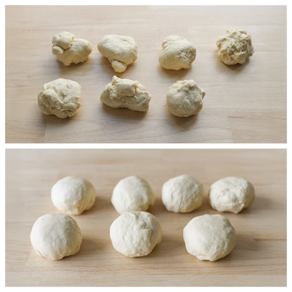 Druk de lucht uit het deeg en verdeel het in 7 gelijke stukken van elk ongeveer 95 gram.