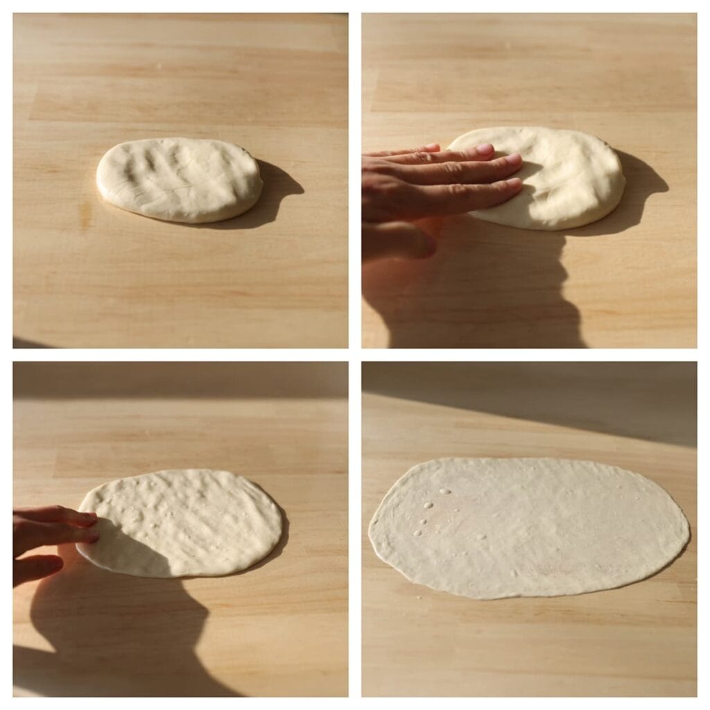 Vet je werkplek opnieuw in met olie (ongeveer 15 ml per stuk) en leg het deeg erop. Spreid het deeg met je vingertoppen, vanuit het midden naar buiten, tot een flinterdunne lap van ongeveer 38 x 35 cm. Vet je handen regelmatig in om scheuren te voorkomen.