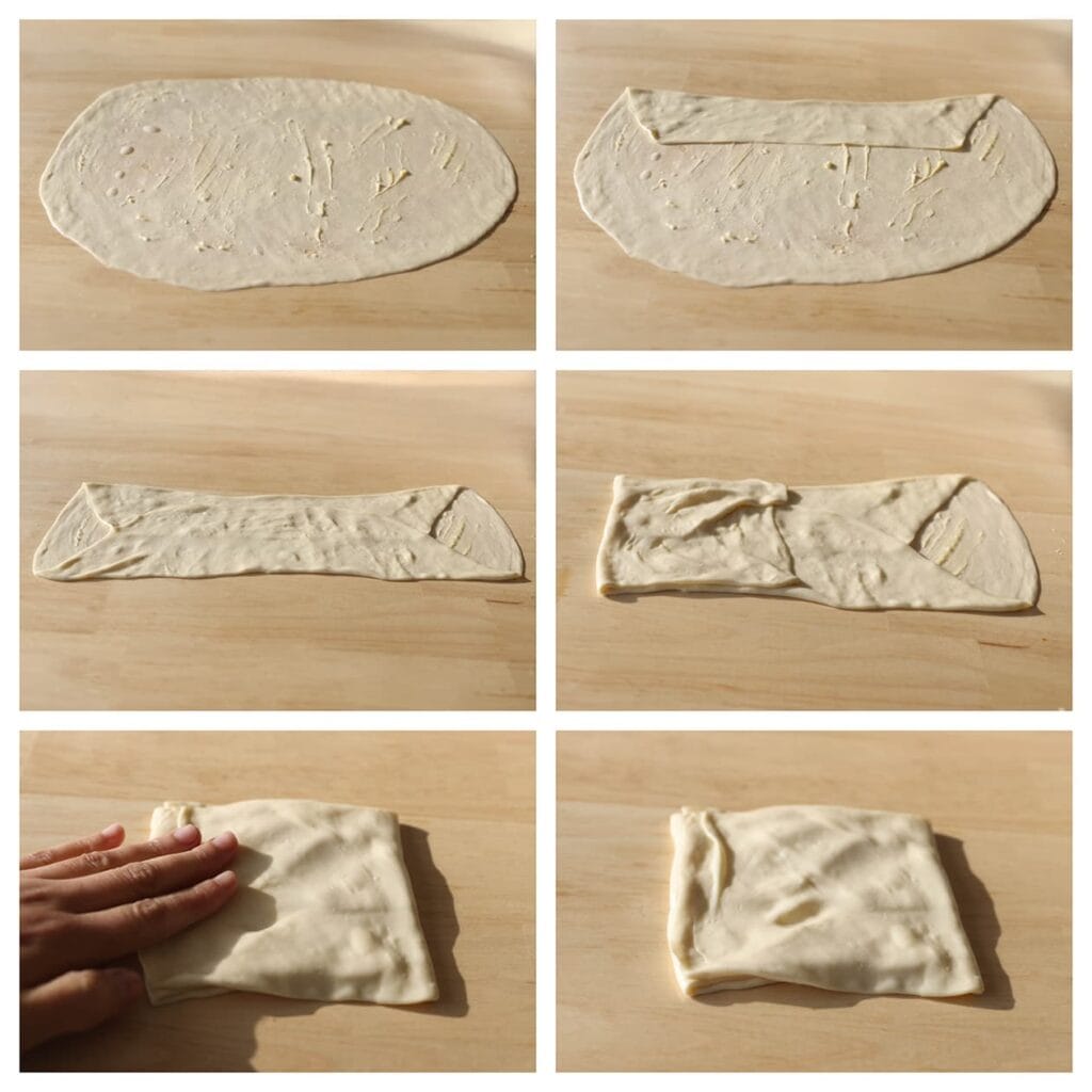 Vouw de boven- en onderkant naar het midden tot een rechthoek. Vouw daarna de zijkanten in tot een vierkant pakketje en druk lichtjes plat (20 cm). Vouw de boven- en onderkant naar het midden tot een rechthoek.