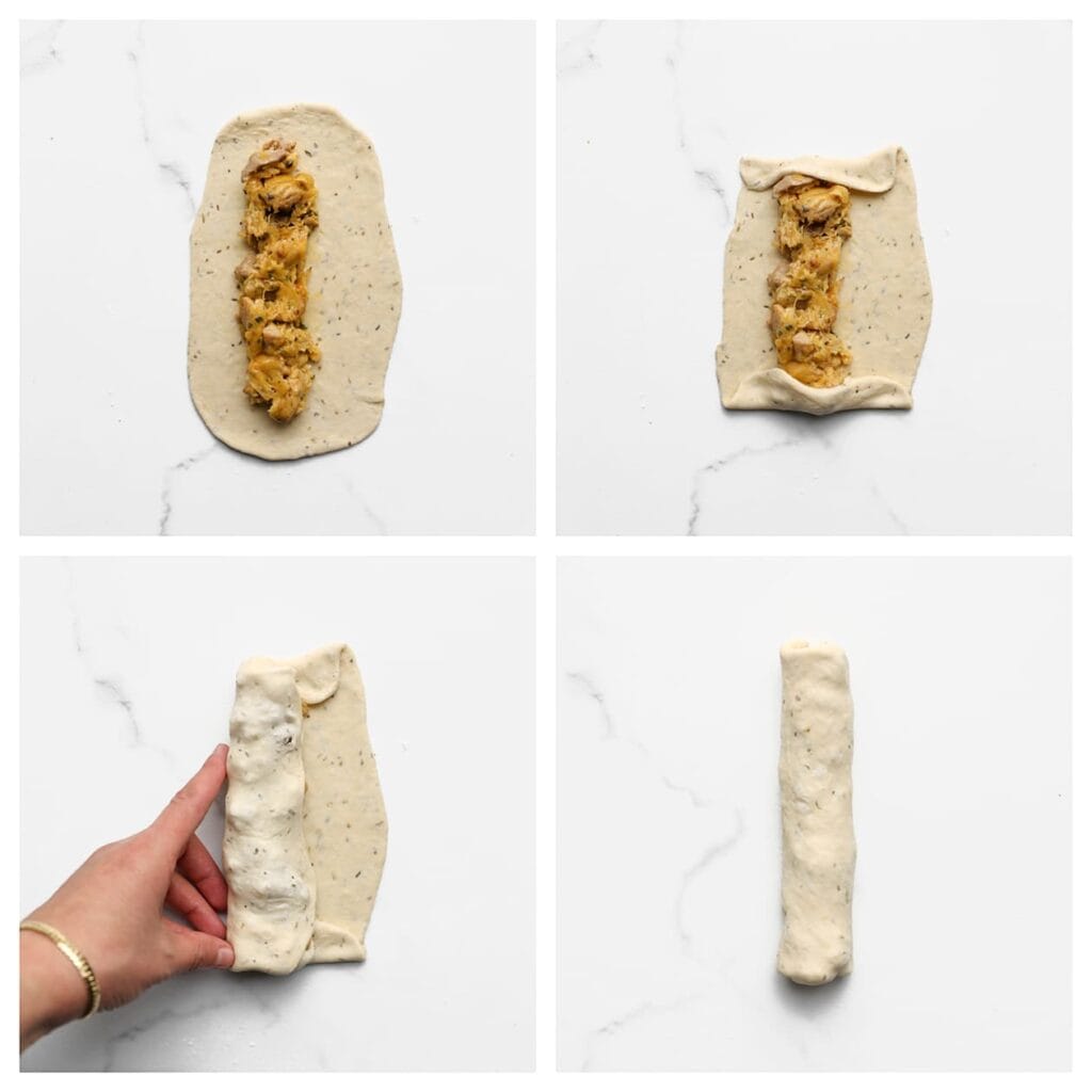 Leg in het midden een rij van het kipmengsel. Vouw de boven- en onderkant van het deeg iets naar binnen over de vulling. Pak één zijkant en vouw het deeg over de vulling heen. Rol verder op tot een strak pakketje en druk de randen goed dicht.