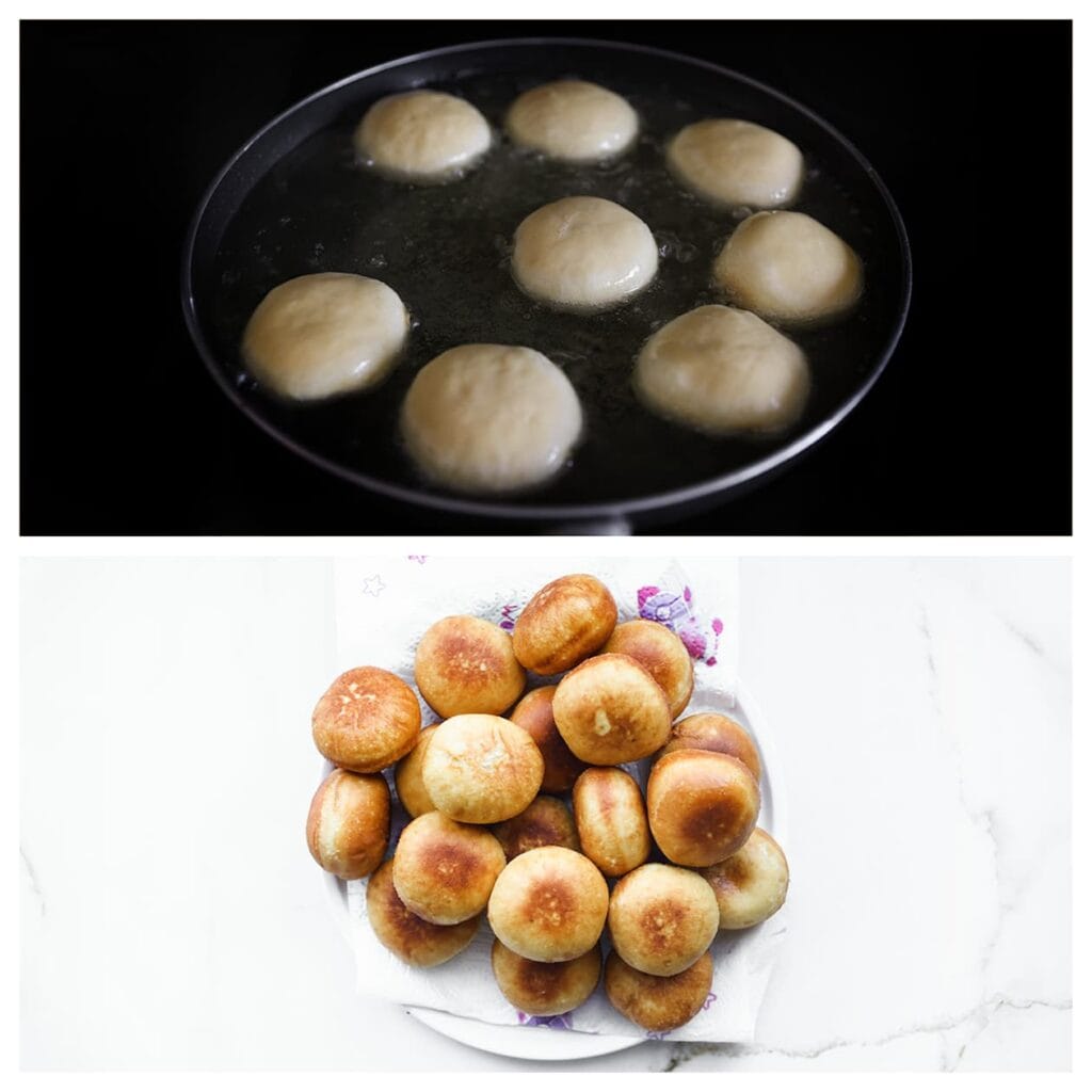 Verhit een koekenpan met een laagje zonnebloemolie op middelhoog vuur (175 ℃). Bak de donuts in 2-3 minuten per kant goudbruin. Laat uitlekken op keukenpapier en volledig afkoelen.