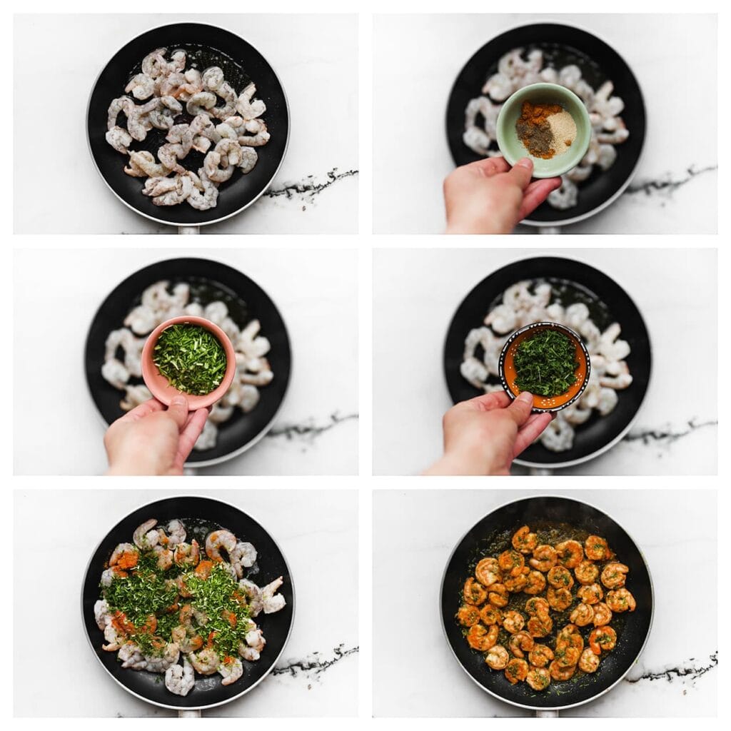 Verhit de olijfolie in een koekenpan op middelhoog vuur. Voeg de garnalen, het zout, de cayennepeper, ras el hanout, knoflookpoeder, uienpoeder, bieslook en peterselie toe. Bak 2-3 minuten, of tot de garnalen gaar zijn.