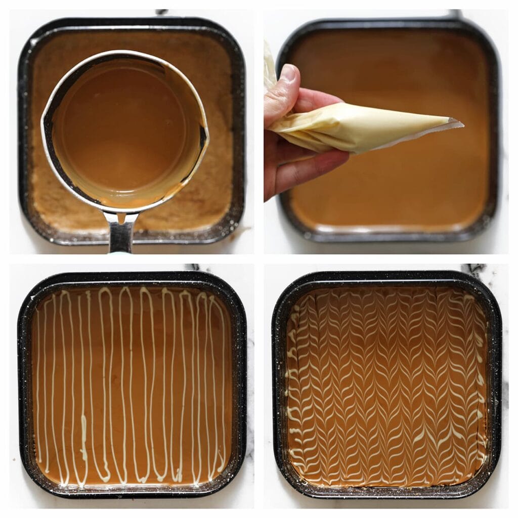 Giet de biscoff-chocoladepasta over het notenmengsel en strijk glad. Spuit dunne lijntjes van de apart gehouden witte chocolade over de topping en trek er met een satéprikker doorheen voor een marmer effect. Laat de koek 4-5 uur opstijven in de koelkast, het liefst een nachtje.