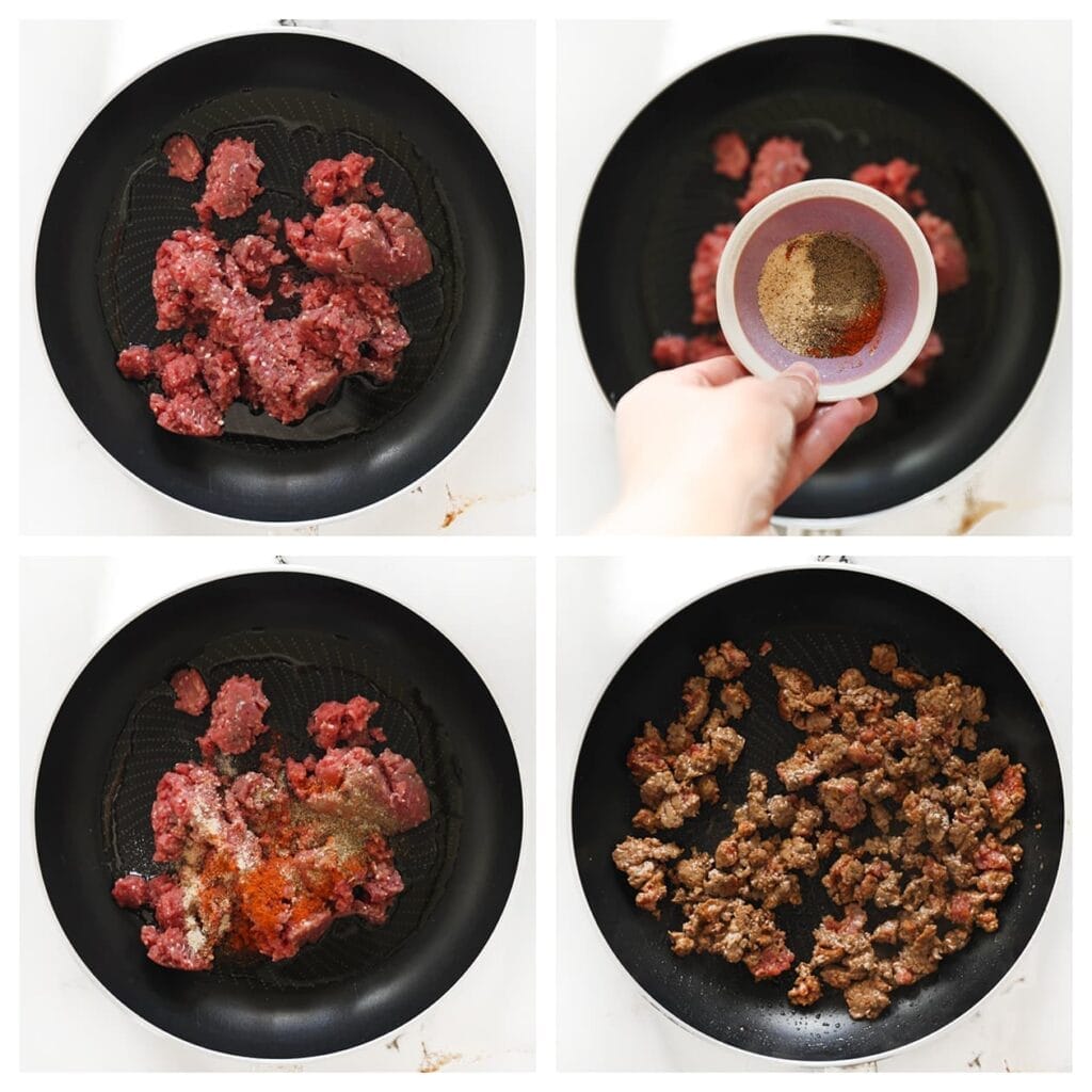 Verhit de olijfolie in een koekenpan op middelhoog vuur. Voeg het gehakt, zout, de cayennepeper, knoflookpoeder, paprikapoeder, zwarte peper en Italiaanse kruiden toe. Bak 4-5 minuten.