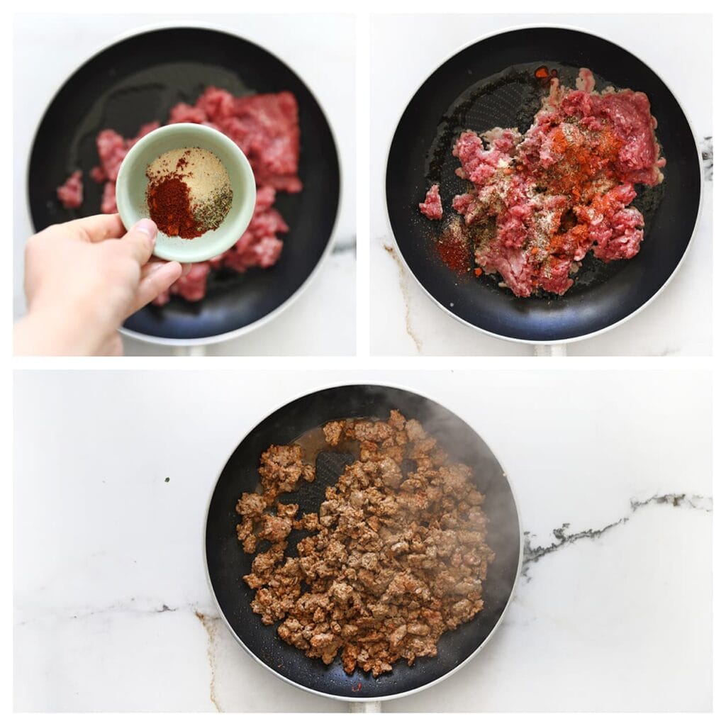 Verhit de olijfolie in een koekenpan op middelhoog vuur. Voeg het gehakt, zout, de cayennepeper, komijnpoeder, knoflookpoeder en paprikapoeder toe. Bak het gehakt rul in 4-5 minuten.