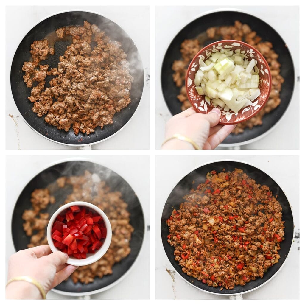 Voeg de gesnipperde ui en paprikablokjes toe en bak 5 minuten mee. Laat het gehaktmengsel volledig afkoelen.