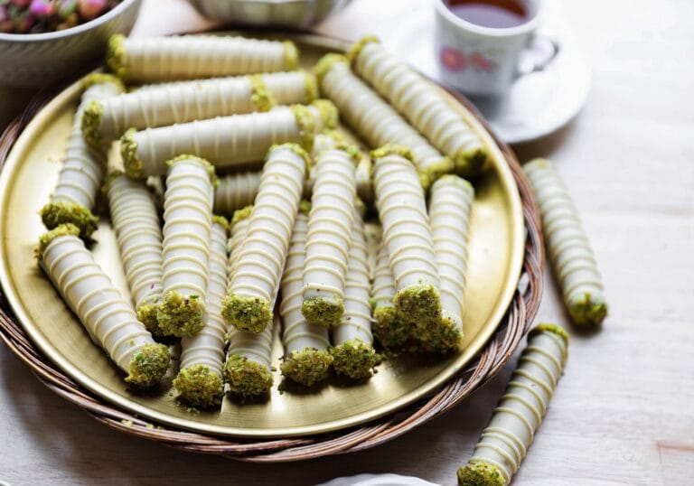 Pistachio Cigar Cookies with White Chocolate