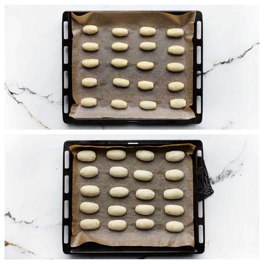 Leg de gevulde koekjes op een met bakpapier beklede bakplaat. Plaats deze in een voorverwarmde oven op 190 ℃. Bak 10-15 minuten. Houd de baktijd zelf in de gaten, want elke oven werkt anders. Laat de koekjes volledig afkoelen.