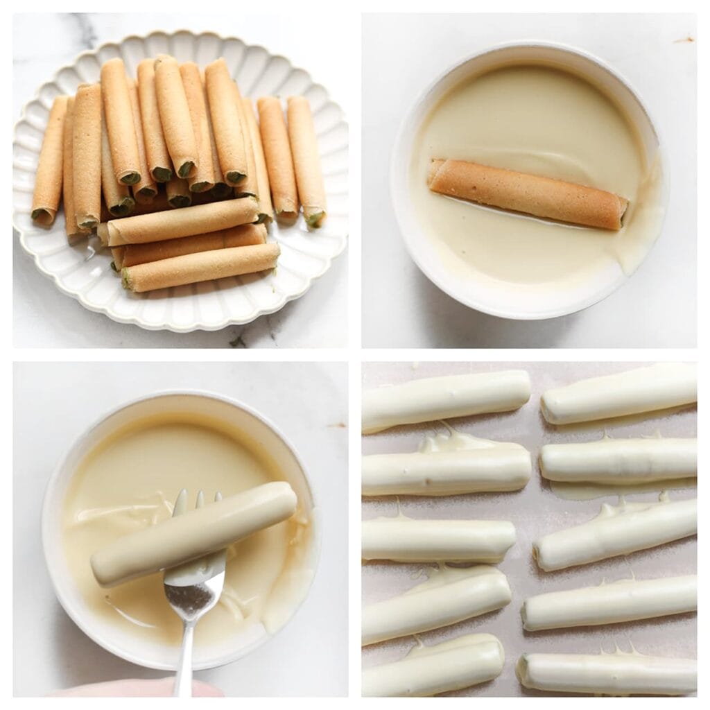 Doop de gevulde sigarenkoekjes in de gesmolten witte chocolade, zodat ze volledig bedekt zijn. Leg op een vel bakpapier.