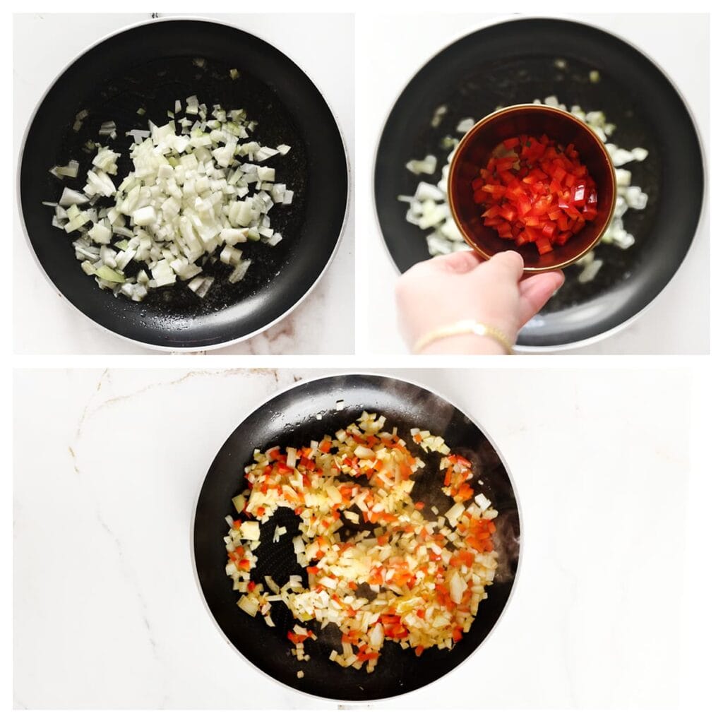 Verhit de olijfolie in een koekenpan op middelhoog vuur. Voeg de gesnipperde gele ui en klein gesneden rode paprika toe. Bak 4-5 minuten.