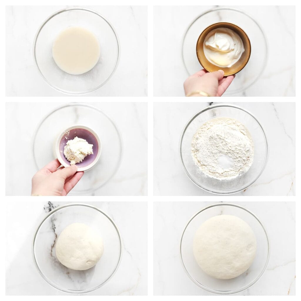 Voeg de yoghurt en kruidenroomkaas toe en meng goed. Voeg de bloem en het zout toe en kneed 10-12 minuten tot een samenhangend deeg. Dek af en laat 1 uur rijzen op een warme plek, of tot het deeg in omvang is verdubbeld.