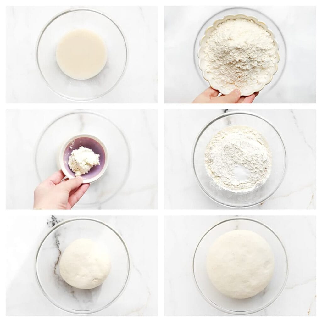 Voeg de bloem, kruidenroomkaas en het zout toe. Kneed 10-12 minuten tot een soepel deeg. Dek af en laat 1 uur rijzen op een warme plek, of tot het deeg in omvang is verdubbeld.