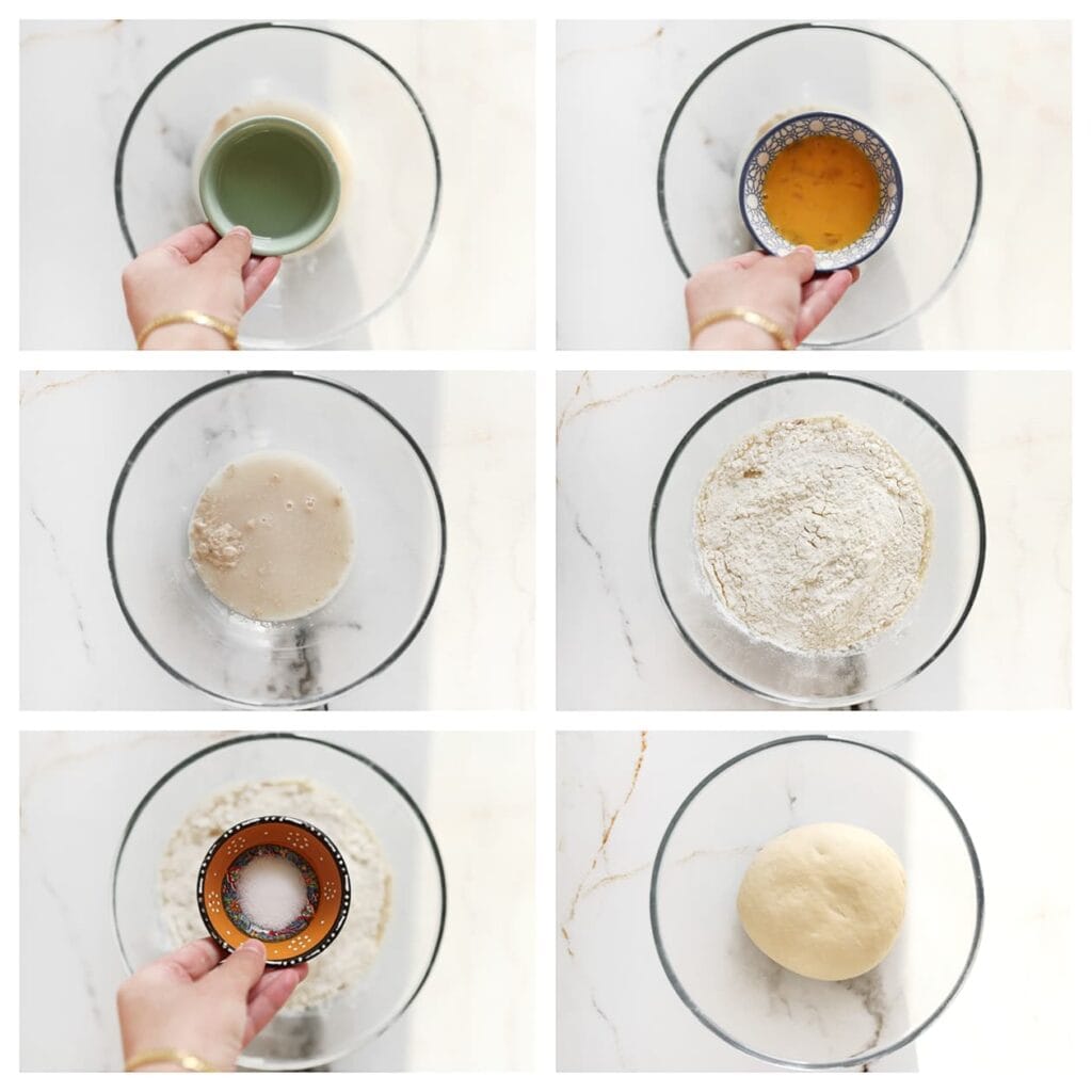 Voeg het losgeklopte ei en de zonnebloemolie toe. Meng goed. Voeg vervolgens de bloem en het zout toe en kneed het deeg 10-12 minuten tot een samenhangend deeg. 