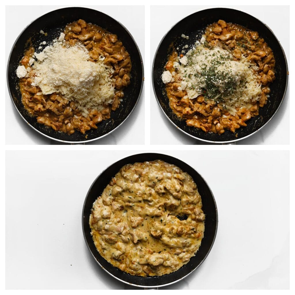 Voeg de kaasmix en Italiaanse kruiden toe en laat op laag vuur smelten. Laat afkoelen.