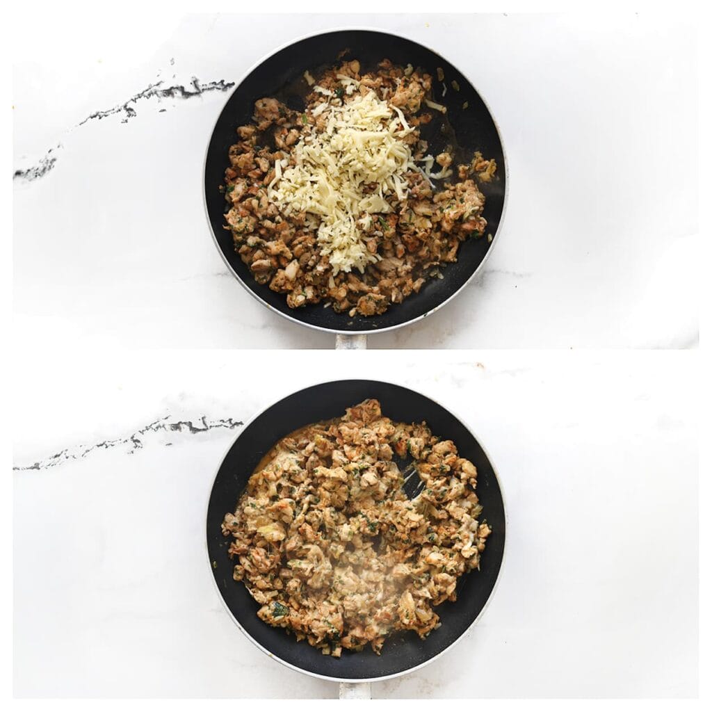 Zet het vuur uit en meng de geraspte kaas erdoor. Laat volledig afkoelen.