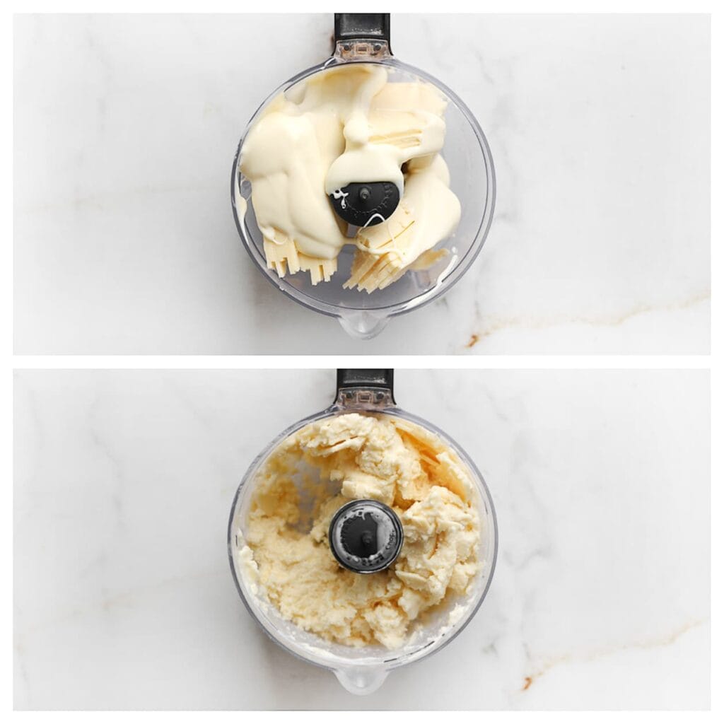 Maal de jonge kaas (225 gram) samen met de smeerkaas in een hakmolen tot een glad mengsel. Verdeel het kaasmengsel in 6 gelijke porties.