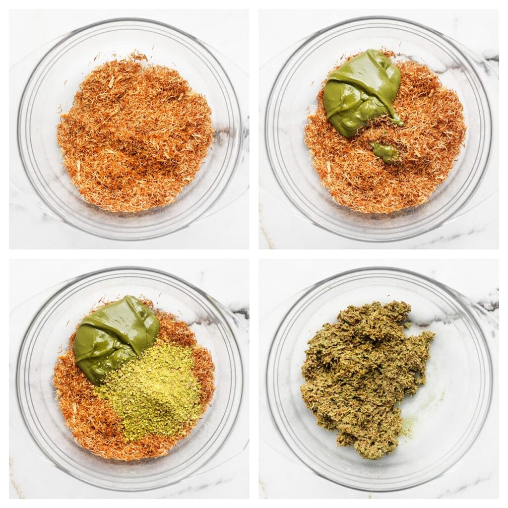 Meng de gebakken kataifi met de pistachepasta en fijngemalen pistachenoten in een kom. Laat het mengsel afkoelen.