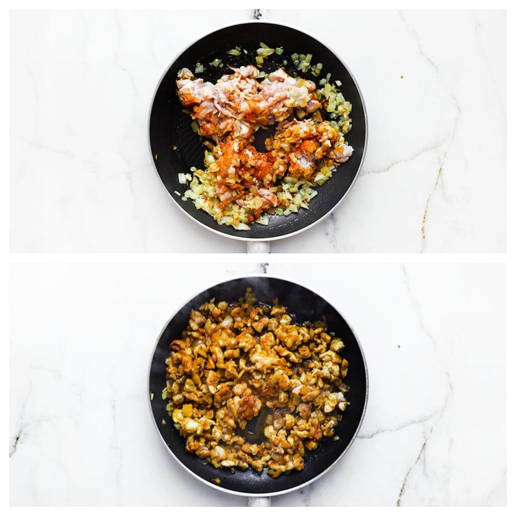 Voeg de kippendijen, het zout, de garam masala, kurkuma, knoflookpoeder, cayennepeper en kaneelpoeder toe. Bak 5-6 minuten tot de kip goudbruin is.