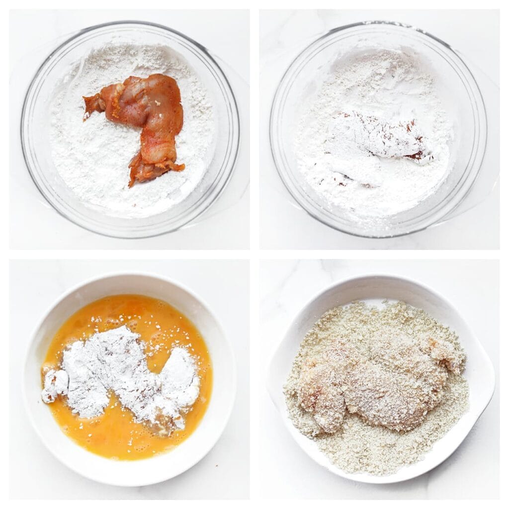 Haal elk stuk kip door de bloemmix, het geklutste ei en daarna door de panko broodkruimels. Voor een extra krokant laagje kun je deze stap herhalen.