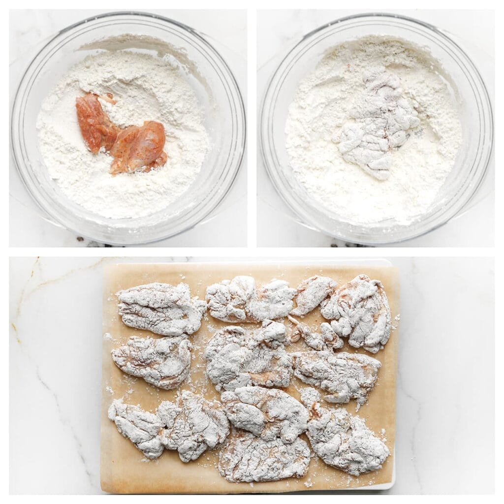 Haal de kipstukjes volledig door de bloemmix en leg ze op een vel bakpapier. Zet ze kort in de vriezer zodat de coating beter blijft zitten.