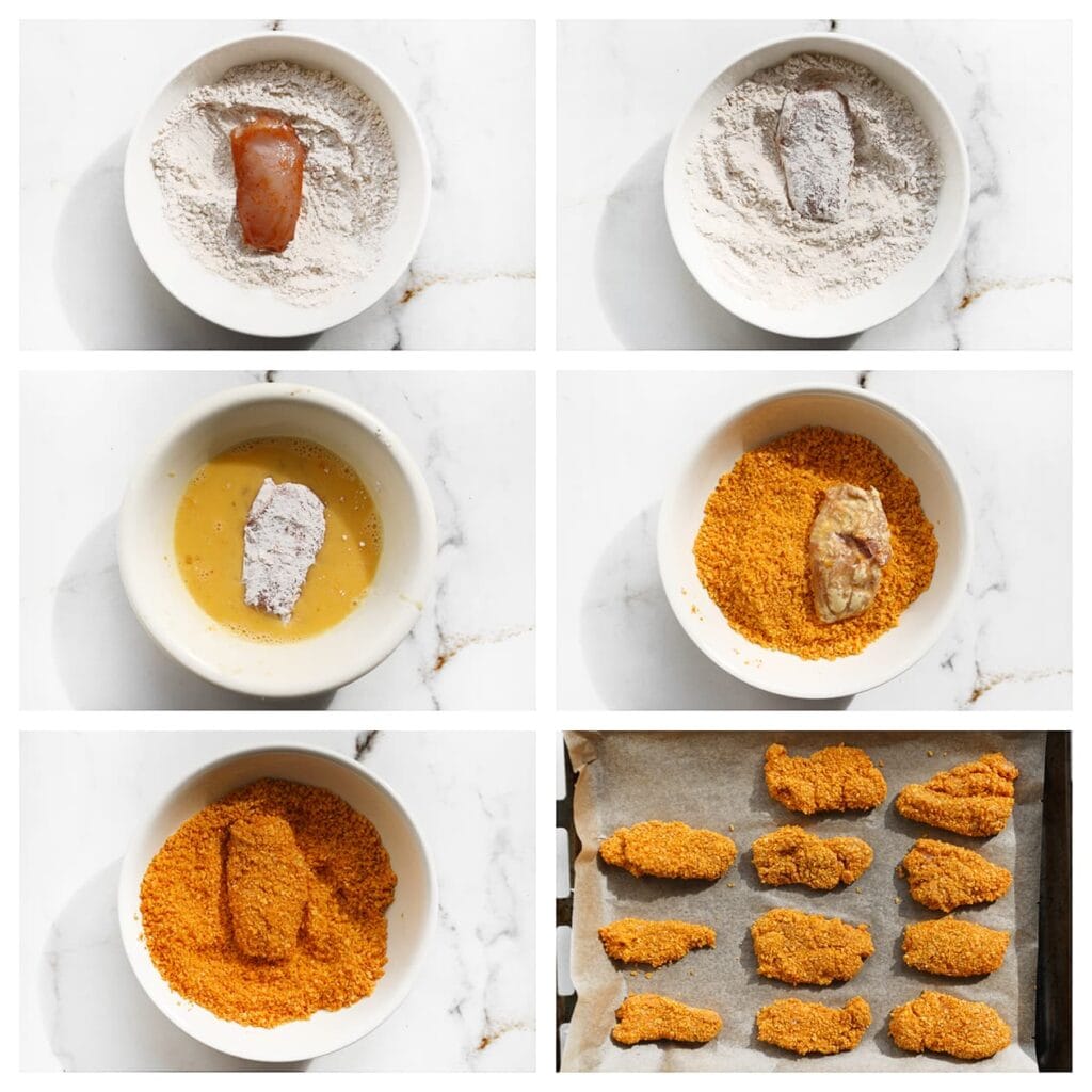 Kluts de eieren in een aparte kom. Haal de kip eerst door de bloemmix, dan door het geklutste ei en vervolgens door de fijngemalen nacho chips. Leg de kip op een met bakpapier beklede bakplaat.