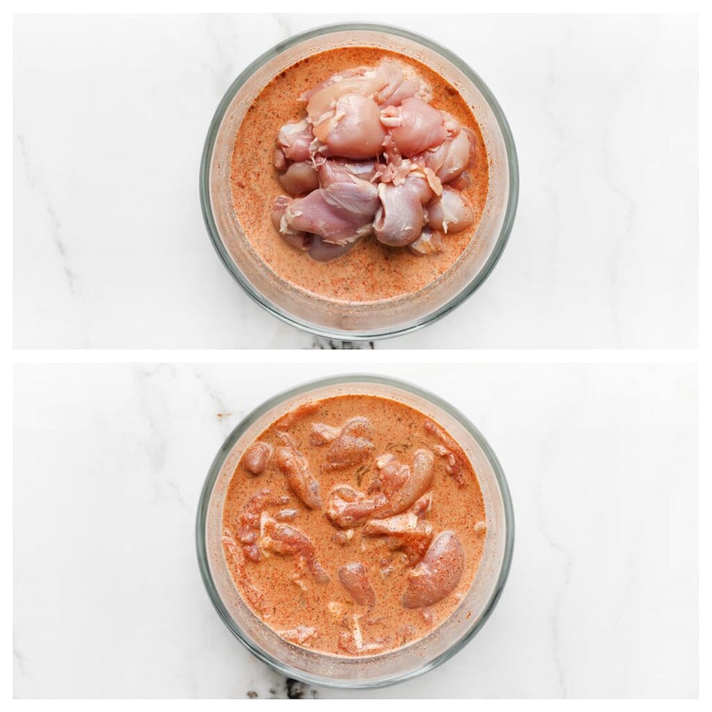 Was en snijd de kippendijen in stukken. Voeg ze toe aan het melkmengsel en meng goed. Zet apart.