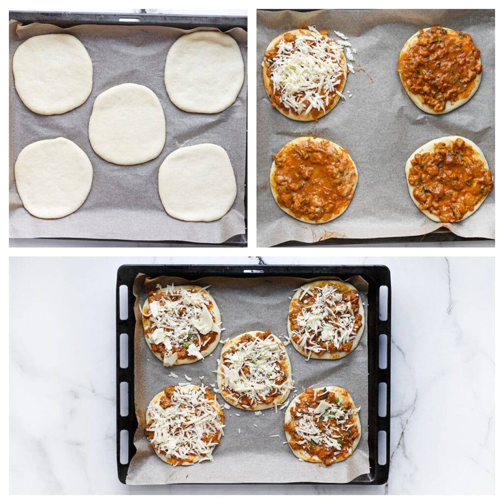 Verdeel een deel van het kipmengsel over het deeg en strooi er wat geraspte kaas over. Laat 30 minuten rijzen of tot het deeg in omvang is verdubbeld.