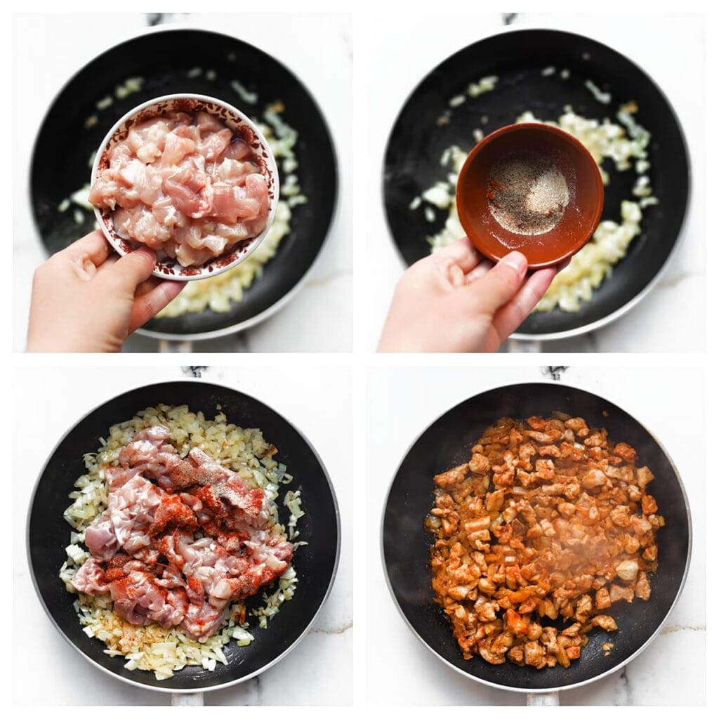 Voeg de kippendijen, het zout, de cayennepeper en knoflookpoeder toe. Bak 5-7 minuten tot de kip gaar is.