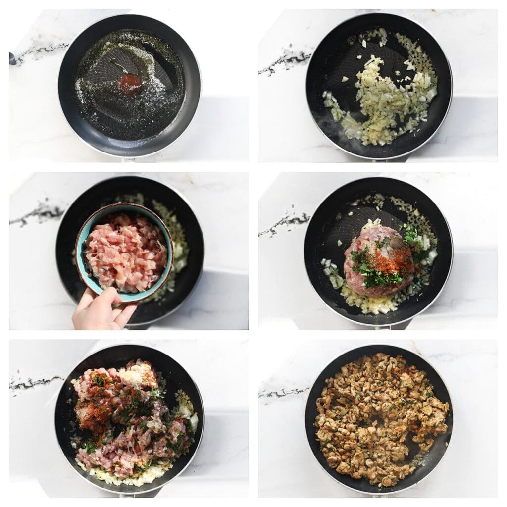 Verhit de roomboter in een koekenpan op middelhoog vuur. Voeg de gesnipperde gele ui toe en bak 3-4 minuten. Voeg de kippendijen, het zout, knoflookpoeder, de zwarte peper, Italiaanse kruiden en peterselie toe. Bak 5-7 minuten.