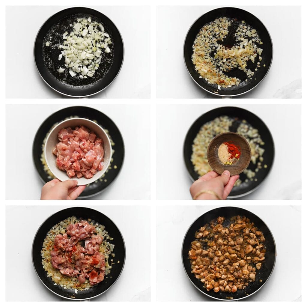 Verhit de roomboter en olijfolie in een koekenpan op middelhoog vuur. Voeg de gesnipperde ui toe en bak 4-5 minuten glazig. Voeg de kippendijen, cayennepeper, knoflookpoeder, uienpoeder en zwarte peper toe. Verkruimel het kippenbouillonblokje erover en bak 5-7 minuten.