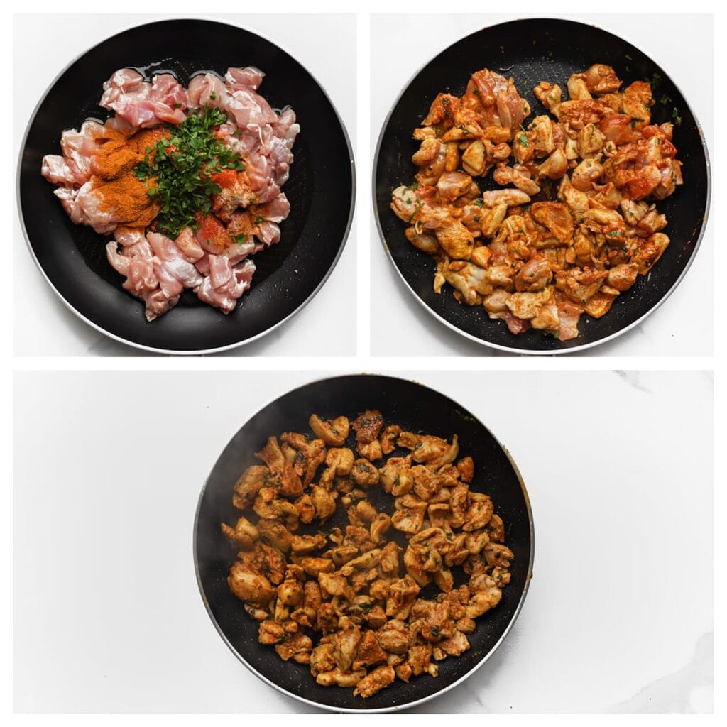 Was en snijd de kippendijen in blokjes. Verhit de olijfolie in een koekenpan op middelhoog vuur. Voeg de kip, het zout, de ras el hanout, cayennepeper, knoflookpoeder, zwarte peper en fijngehakte peterselie toe. Bak 6-7 minuten tot de kip gaar is. Laat afkoelen.