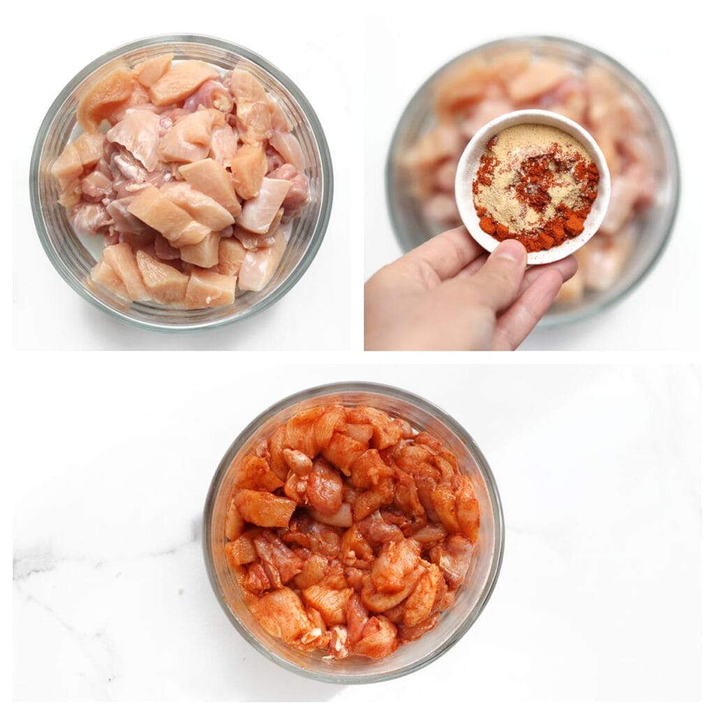 Was en snijd de kippendijen in blokjes en doe ze in een diepe kom. Voeg het zout, uienpoeder, knoflookpoeder, paprikapoeder, de cayennepeper en zwarte peper toe. Meng goed en zet apart.