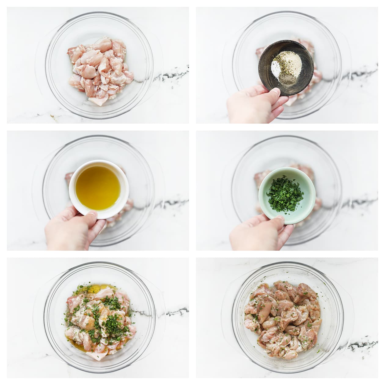 Kip mengen met verse kruiden in een kom