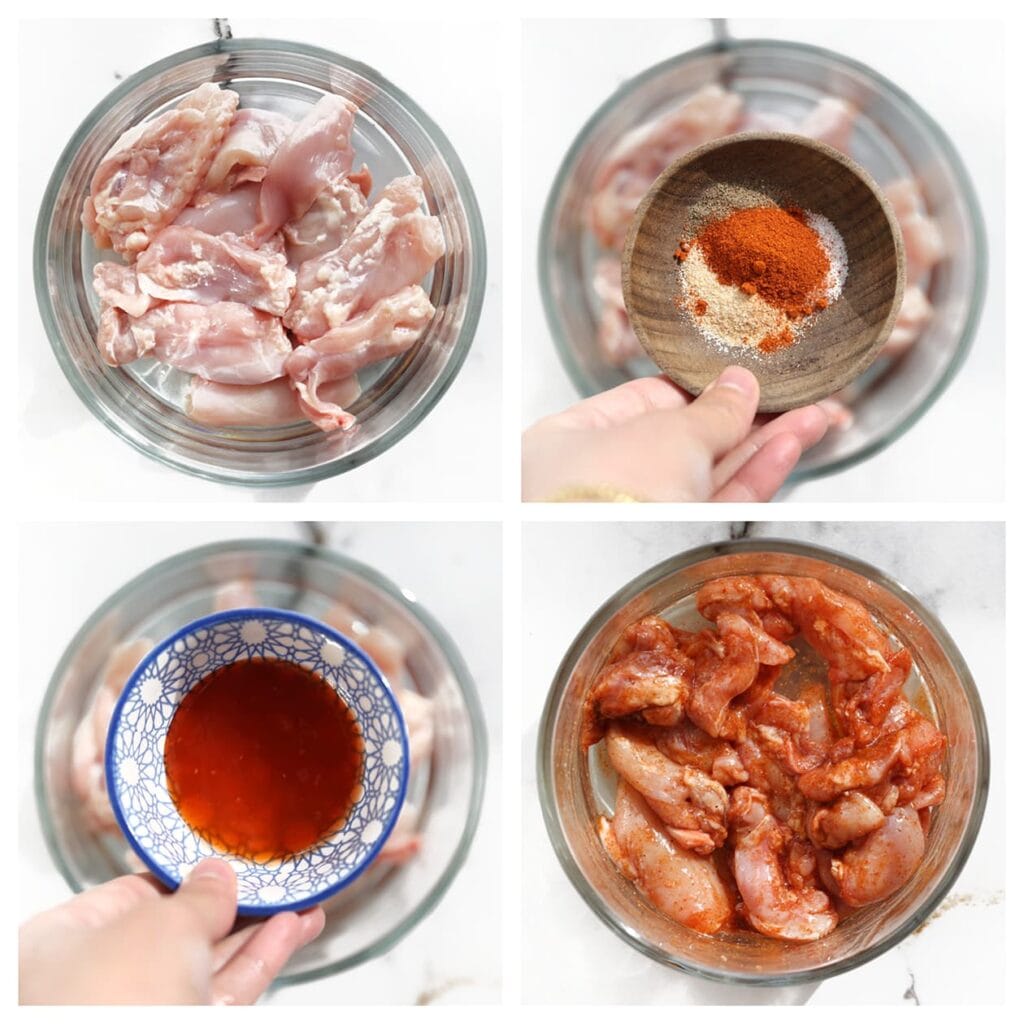 Was en snijd de kippendijen in stukken en doe ze in een kom. Voeg het zout, de cayennepeper, uienpoeder, zwarte peper en hot chilisaus toe. Meng goed en laat even intrekken.