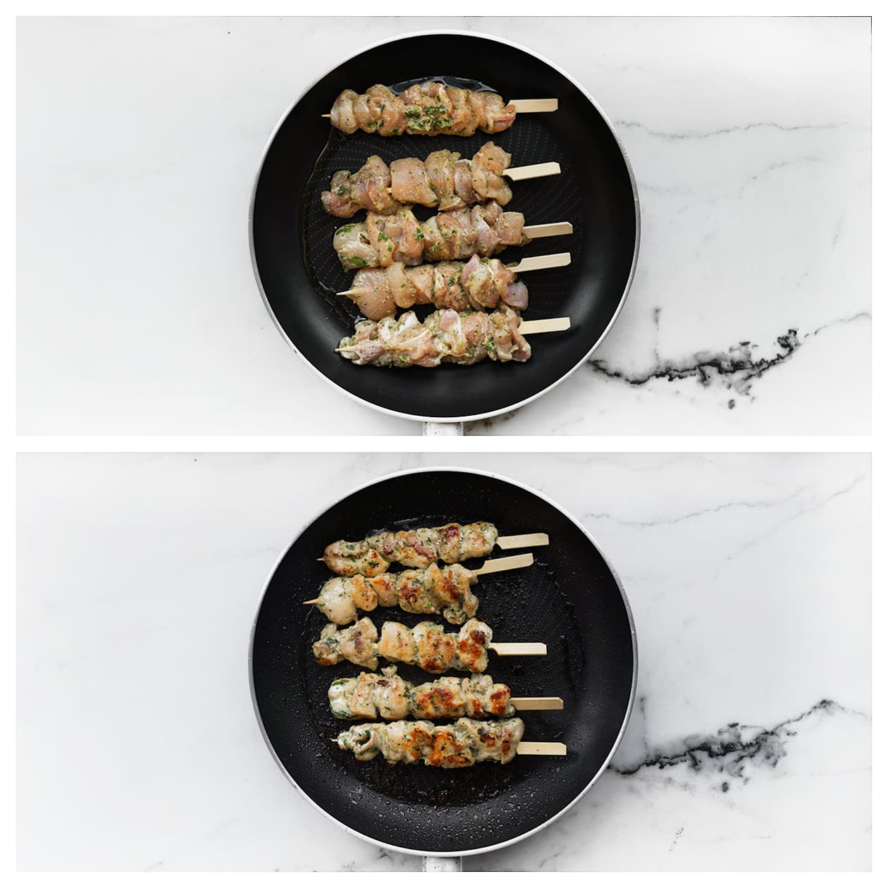 Kipspiesjes gaar bakken in een koekenpan