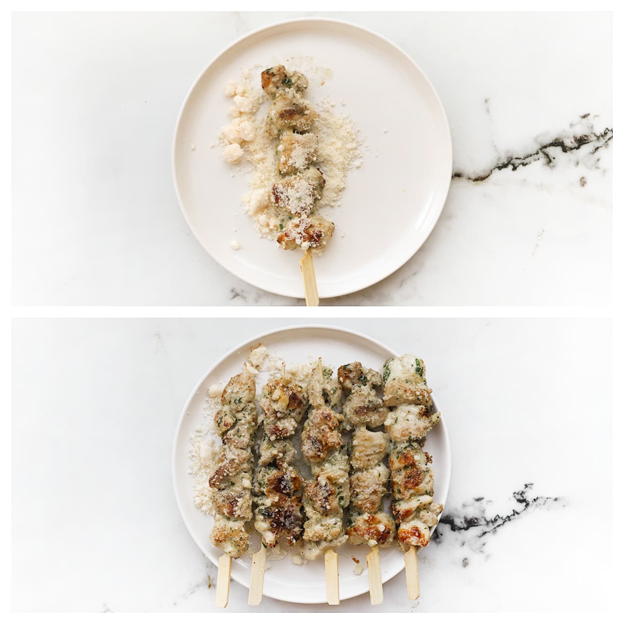 Kipspiesjes mengen met de Parmezaanse kaas