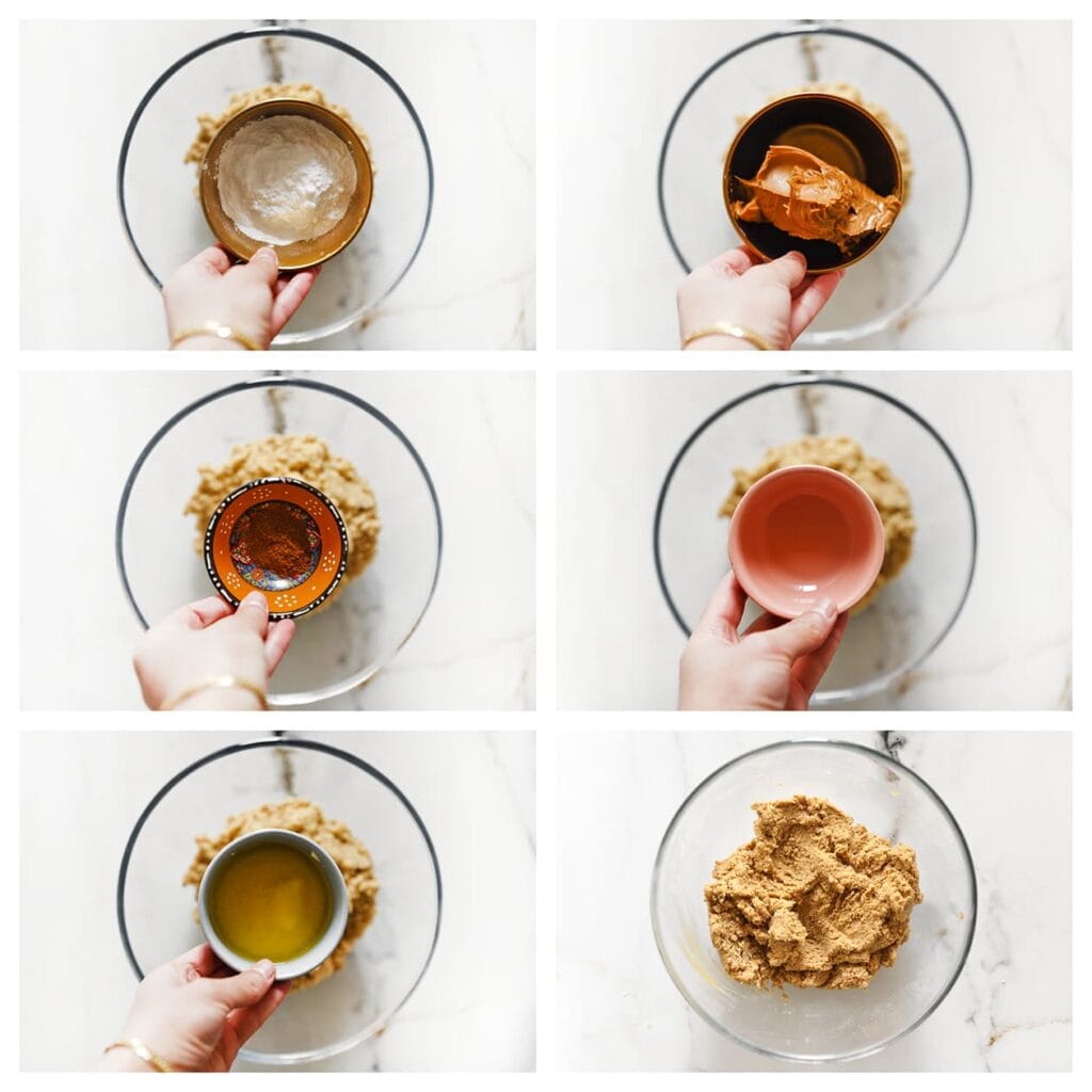 Voeg de poedersuiker, 150 gram biscoff pasta, kaneelpoeder en 50 gram gesmolten roomboter toe. Kneed tot een geheel.