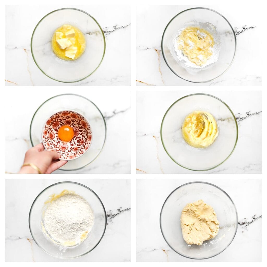 Doe de zachte roomboter, poedersuiker, vanillesuiker en het eigeel in een kom. Meng goed door elkaar. Voeg de bloem en het bakpoeder toe en kneed tot een soepel koekjesdeeg.